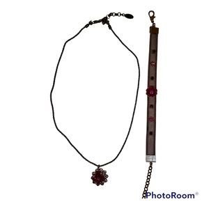 Bronze Metal Rose Bead Flower Necklace and Bracelet Set Rose Pink Stones